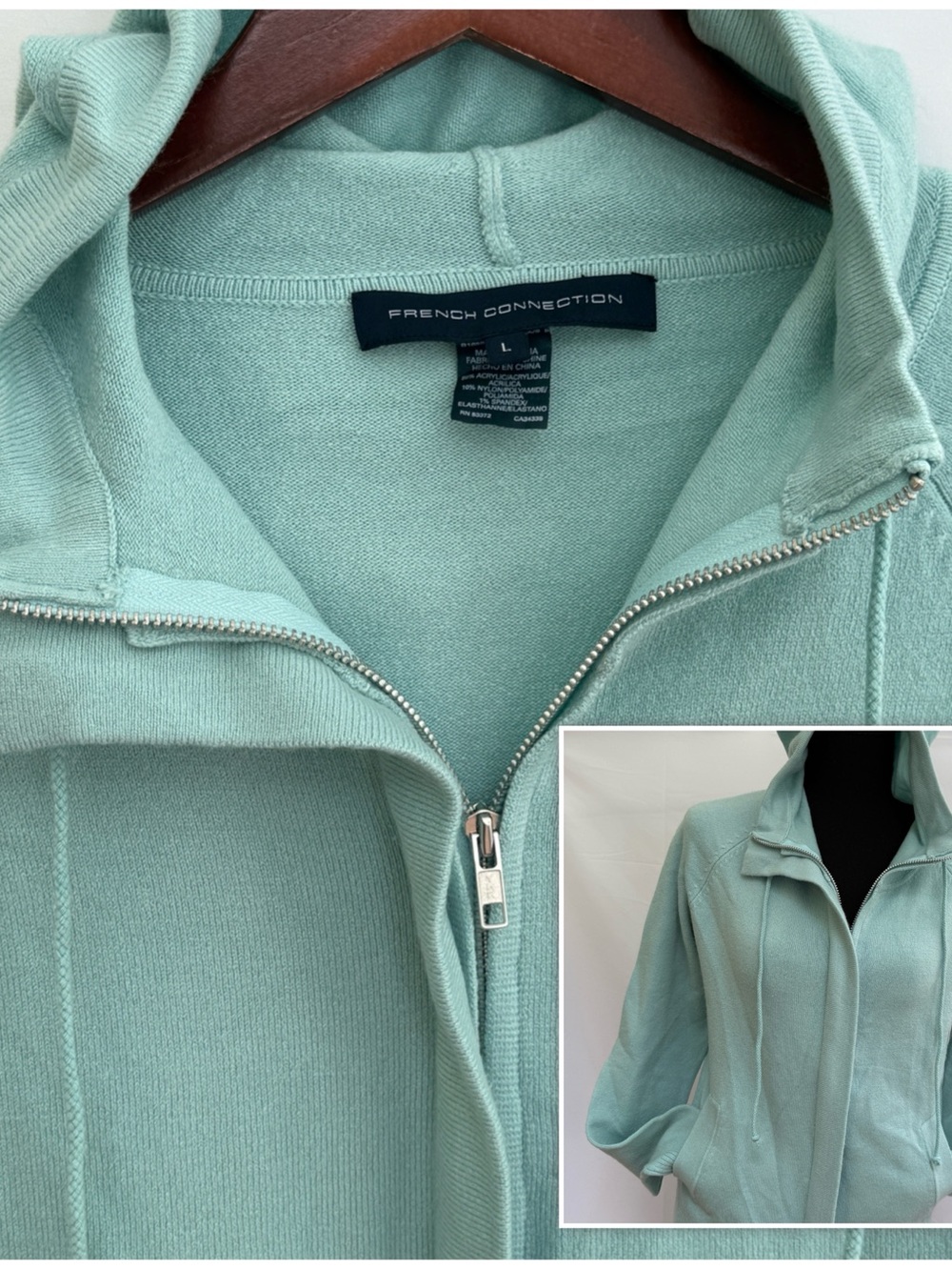 French Connection Mint Green Zip Front Hoodie Jacket